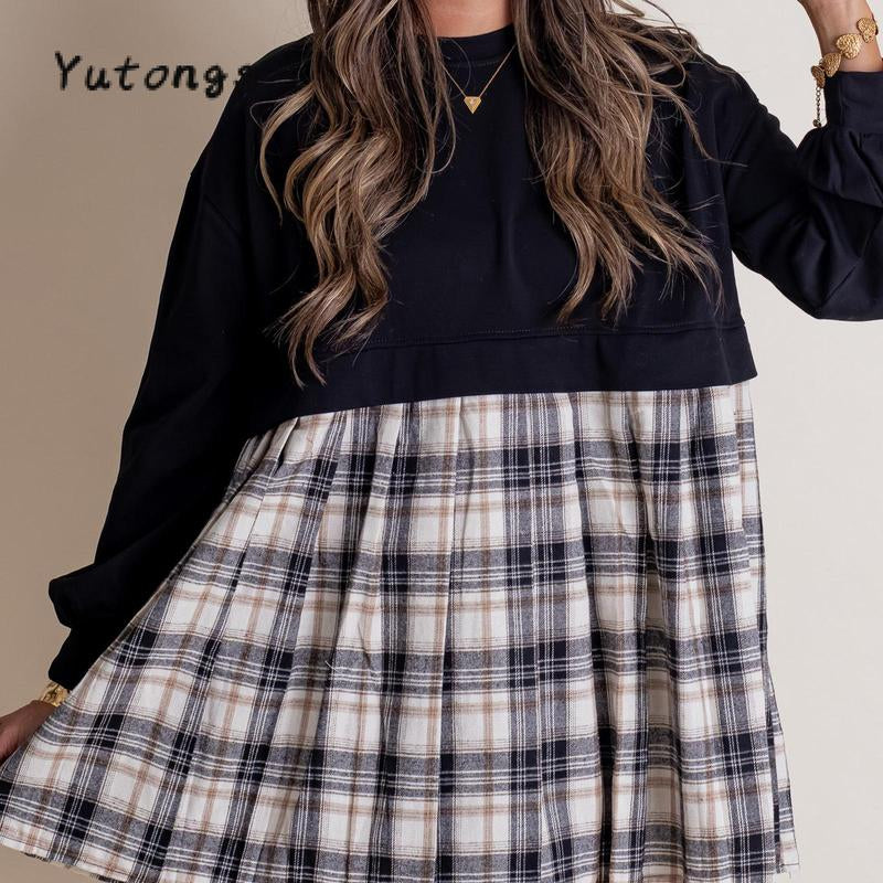 Chic Women's Autumn Plaid Print Short T-Shirt Dress with Long Sleeves and Round Neck