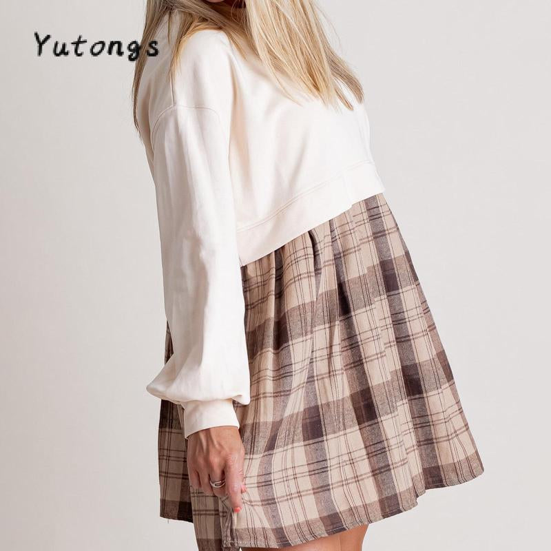 Chic Women's Autumn Plaid Print Short T-Shirt Dress with Long Sleeves and Round Neck