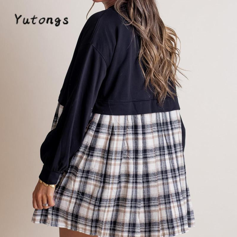 Chic Women's Autumn Plaid Print Short T-Shirt Dress with Long Sleeves and Round Neck