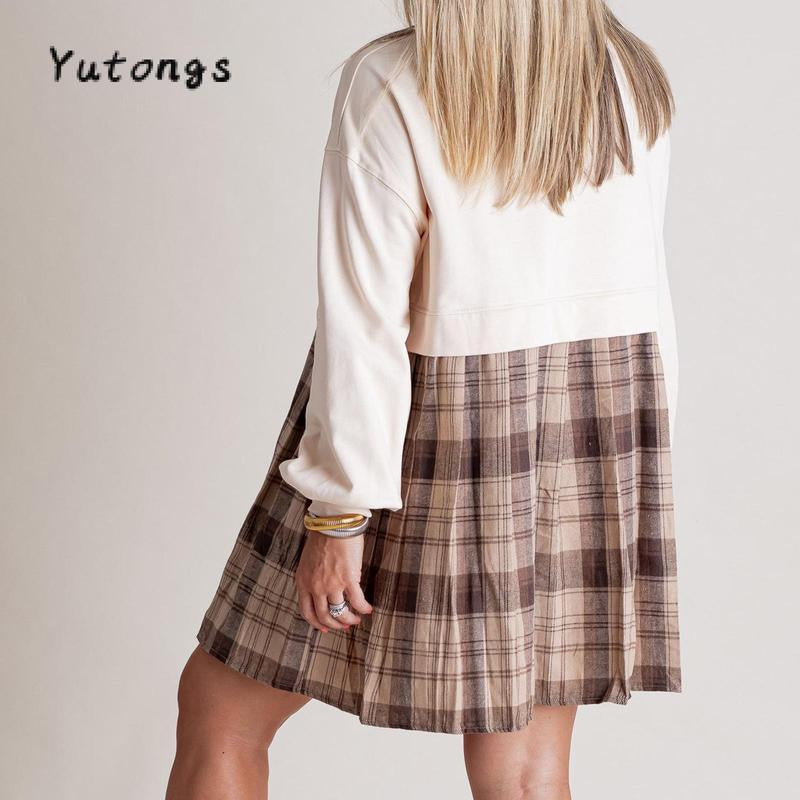 Chic Women's Autumn Plaid Print Short T-Shirt Dress with Long Sleeves and Round Neck