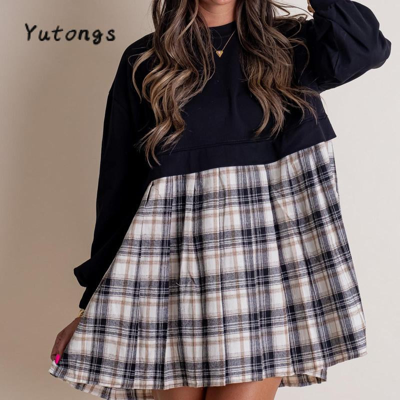 Chic Women's Autumn Plaid Print Short T-Shirt Dress with Long Sleeves and Round Neck