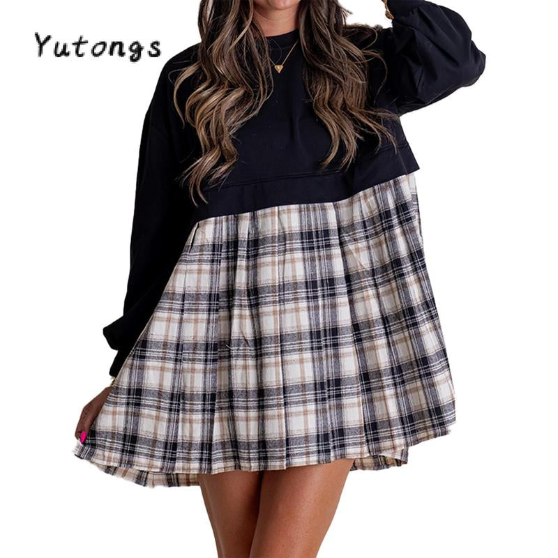 Chic Women's Autumn Plaid Print Short T-Shirt Dress with Long Sleeves and Round Neck