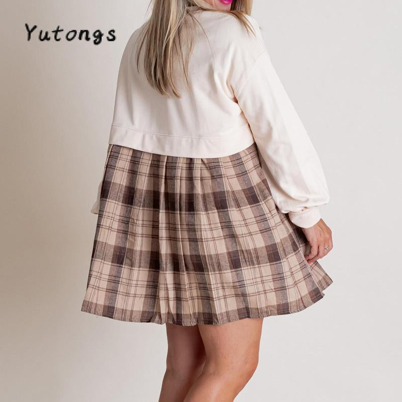 Chic Women's Autumn Plaid Print Short T-Shirt Dress with Long Sleeves and Round Neck