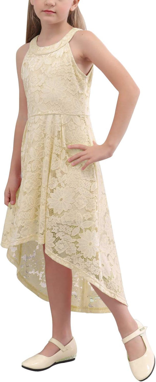 Girl'S Elegant Halter Neck Floral Lace Hi-Lo Flower Girl Birthday Party Dress for 4-14T Kids