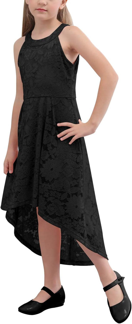 Girl'S Elegant Halter Neck Floral Lace Hi-Lo Flower Girl Birthday Party Dress for 4-14T Kids