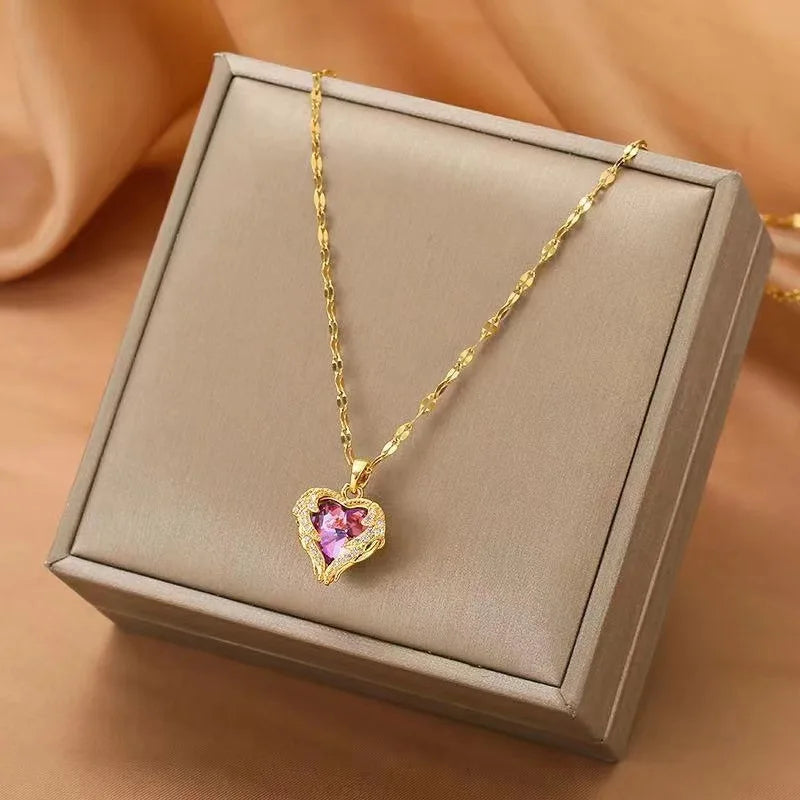 Top Luxury Colorful Crystal Ocean Heart Pendant Necklace for Women Trendy 316L Stainless Steel Jewelry Female Wedding Neck Chain
