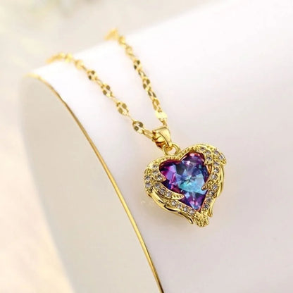 Top Luxury Colorful Crystal Ocean Heart Pendant Necklace for Women Trendy 316L Stainless Steel Jewelry Female Wedding Neck Chain