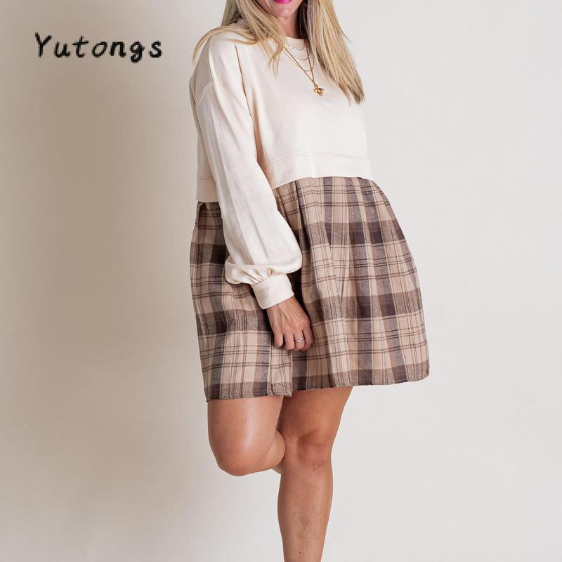 Chic Women's Autumn Plaid Print Short T-Shirt Dress with Long Sleeves and Round Neck