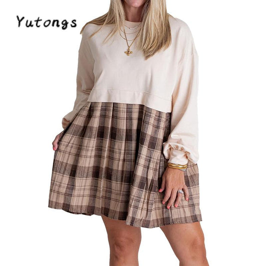Chic Women's Autumn Plaid Print Short T-Shirt Dress with Long Sleeves and Round Neck