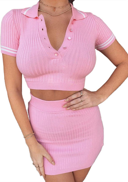 Stylish Women's Knit Two-Piece Set: Flirty Crop Top & Mini Skirt Ensemble