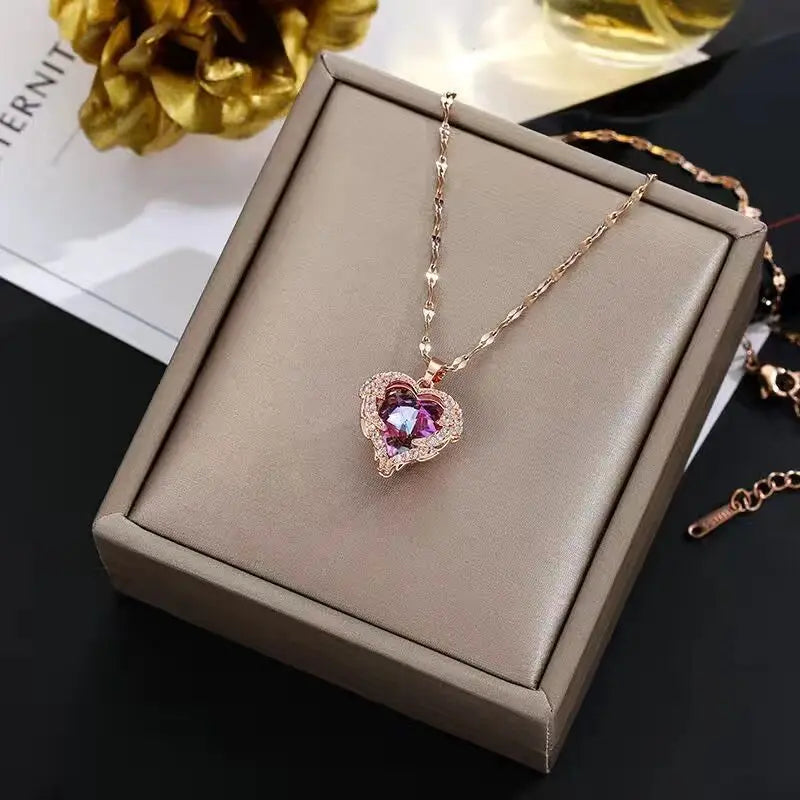 Top Luxury Colorful Crystal Ocean Heart Pendant Necklace for Women Trendy 316L Stainless Steel Jewelry Female Wedding Neck Chain