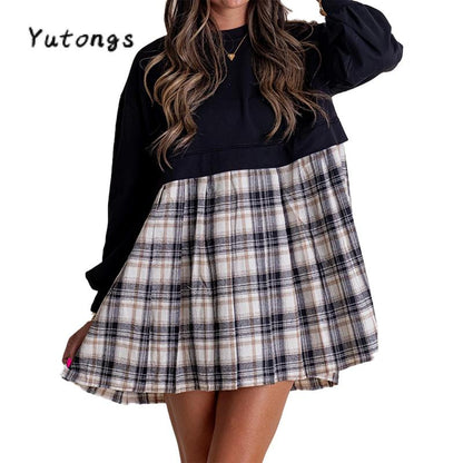 Chic Women's Autumn Plaid Print Short T-Shirt Dress with Long Sleeves and Round Neck